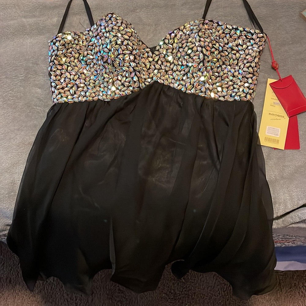 Black sequin-bodice strapless empire-waist dress